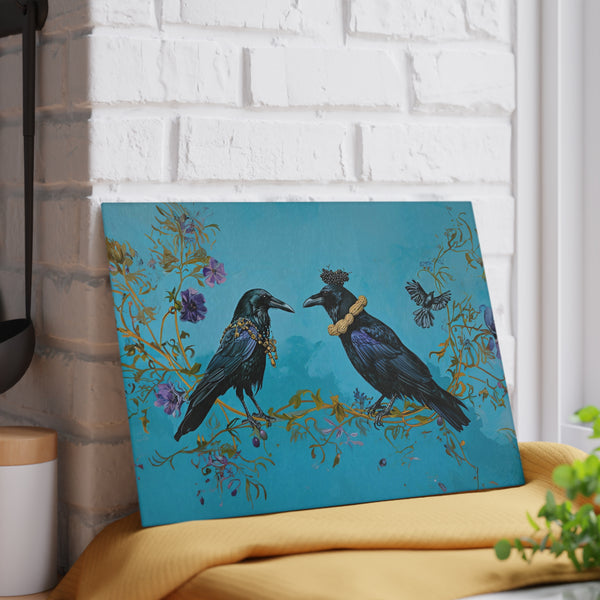 Crow and Raven Wearing Peanut Necklaces and a Blackberry Hat - Glass Cutting Board on
