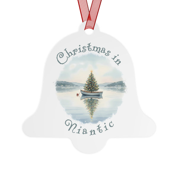 Christmas in Niantic, CT Metal Ornament  - Dinghy Boat with Xmas Tree in Harbor, Local's Keepsake Gift