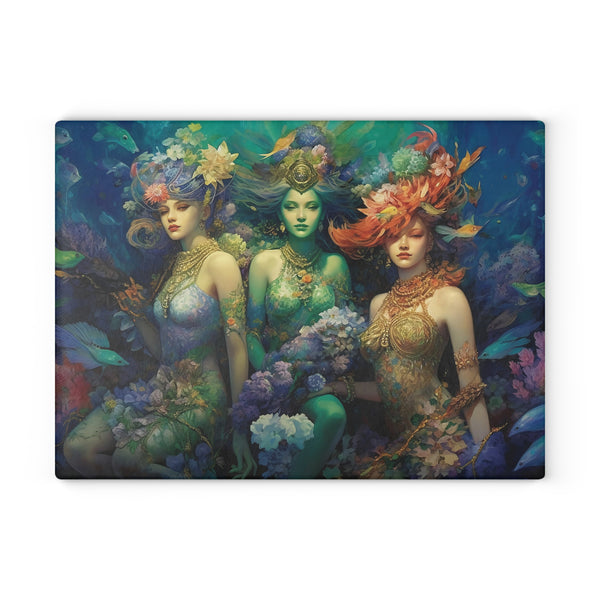 3 Dreamy Water Goddesses Mermaidcore, Fairycore Mermaid Glass Cutting Board (2 sizes)