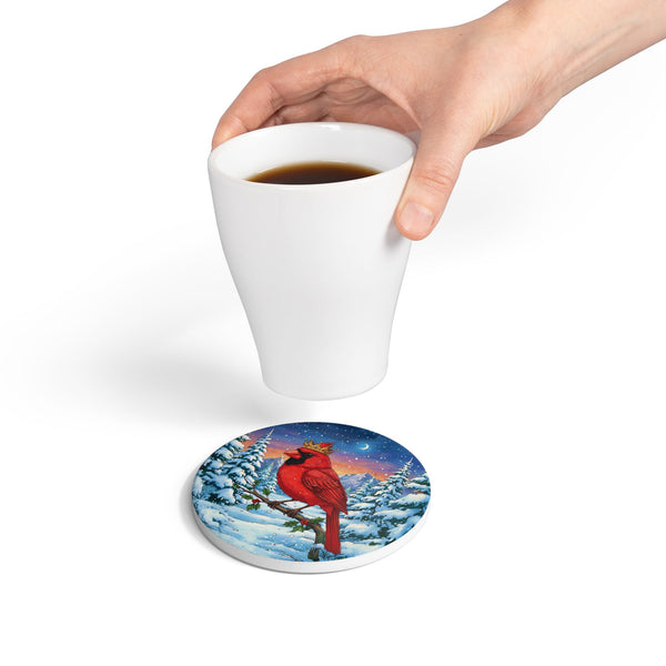 Cardinal with Crown Ceramic Coaster, Holiday Home Decor, Farmhouse Kitchen, Birds With Hats Lover Christmas Gift