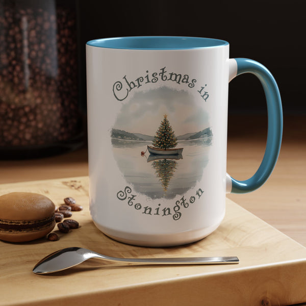 Christmas in Stonington, CT Accent Coffee Mug  - Dinghy Boat with Xmas Tree in Harbor, Local's Gift