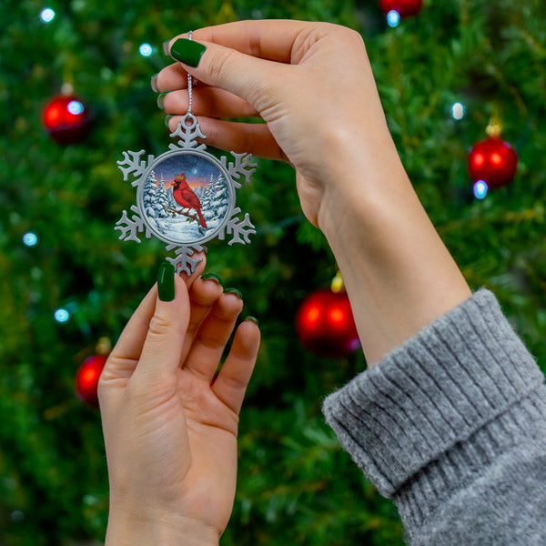 Cardinal in Winter, Pewter Snowflake Ornament, Christmas Tree or Window Decoration, Winter Wonderland Keepsake