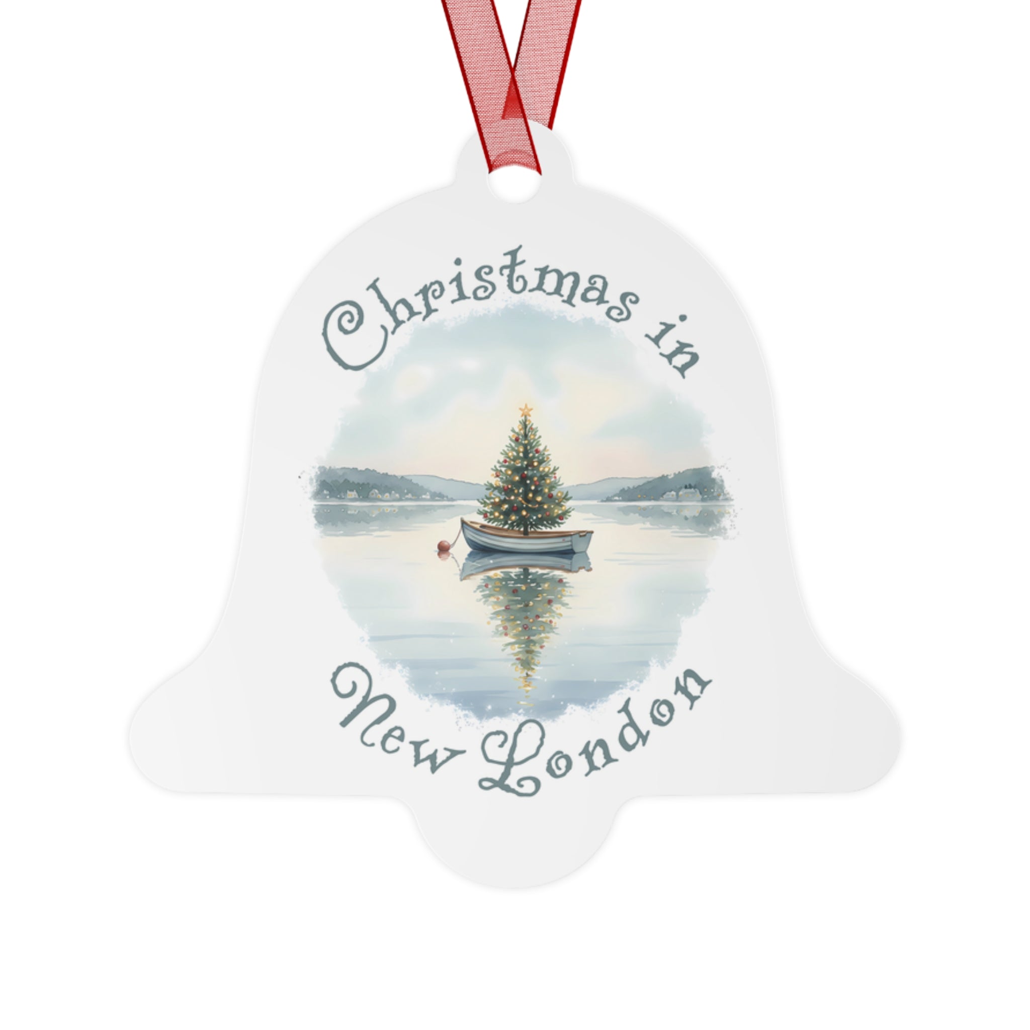 Christmas in New London, CT Metal Ornament  - Dinghy Boat with Xmas Tree in Harbor, Local's Keepsake Gift