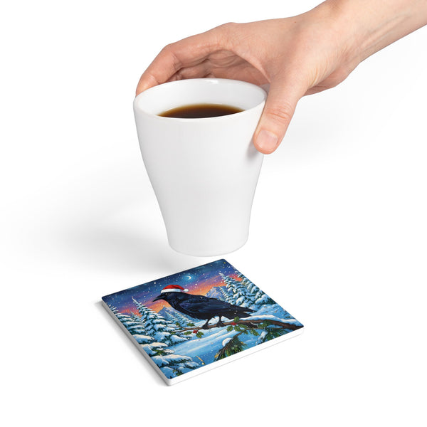 Ceramic Coaster, Raven Crow Holiday Home Decor, Farmhouse Kitchen Christmas Gift