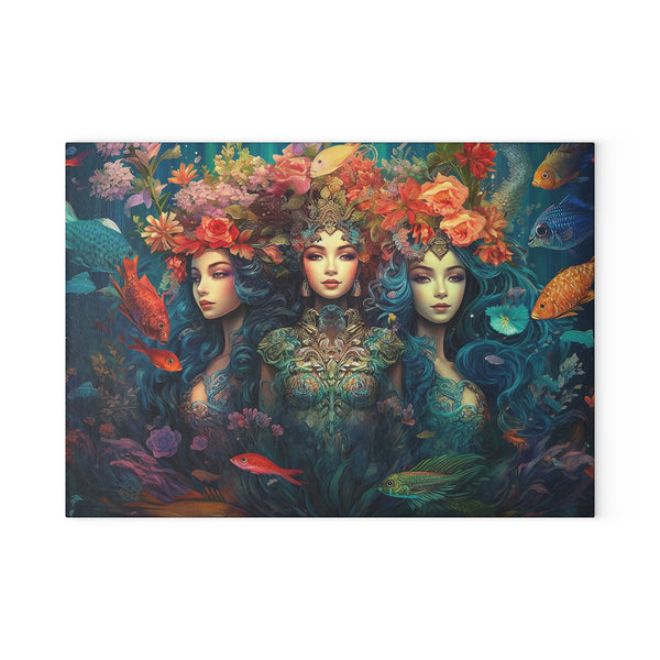 Trio of Water Goddesses Mermaidcore, Fairycore Mermaid Glass Cutting Board (2 sizes)