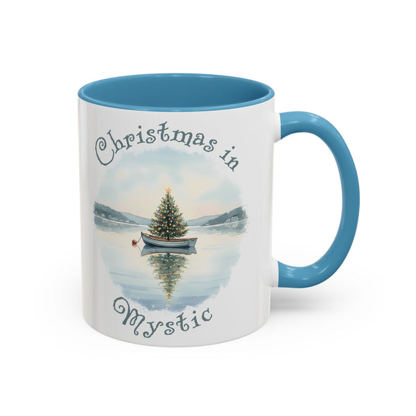 Christmas in Mystic, CT Accent Coffee Mug  - Dinghy Boat with Xmas Tree in Harbor, Local's Gift