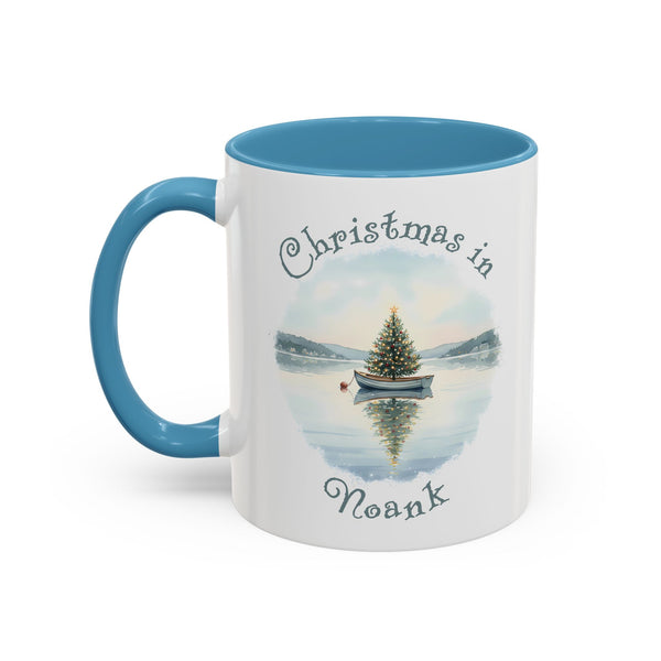 Christmas in Noank, CT Accent Coffee Mug  - Dinghy Boat with Xmas Tree in Harbor, Local's Gift