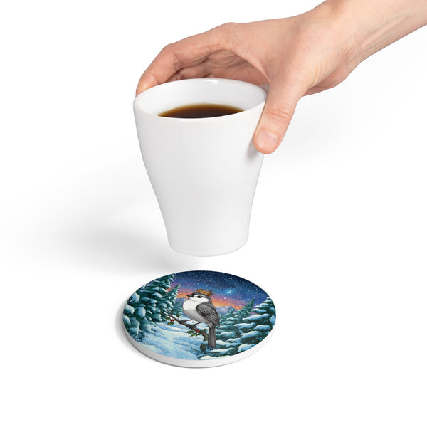Titmouse with Crown Ceramic Coaster, Holiday Home Decor, Birds with Hats, Farmhouse Kitchen Christmas Gift
