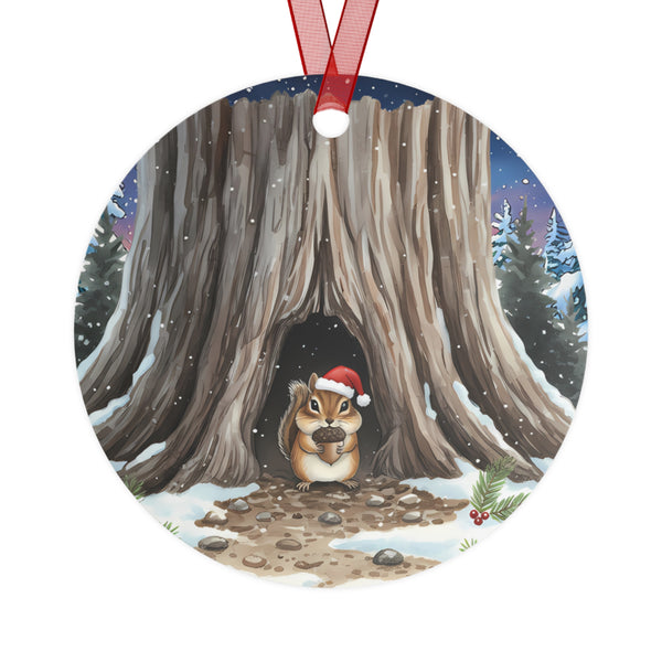 Christmas Chipmunk with a Red Holiday Hat in a Winter Tree Stump, Hanging Metal Tree Ornament