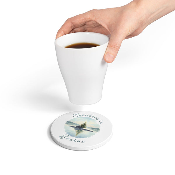 Christmas in Groton, CT Ceramic Coaster - Submarine with Xmas Tree in Harbor, Local's Gift