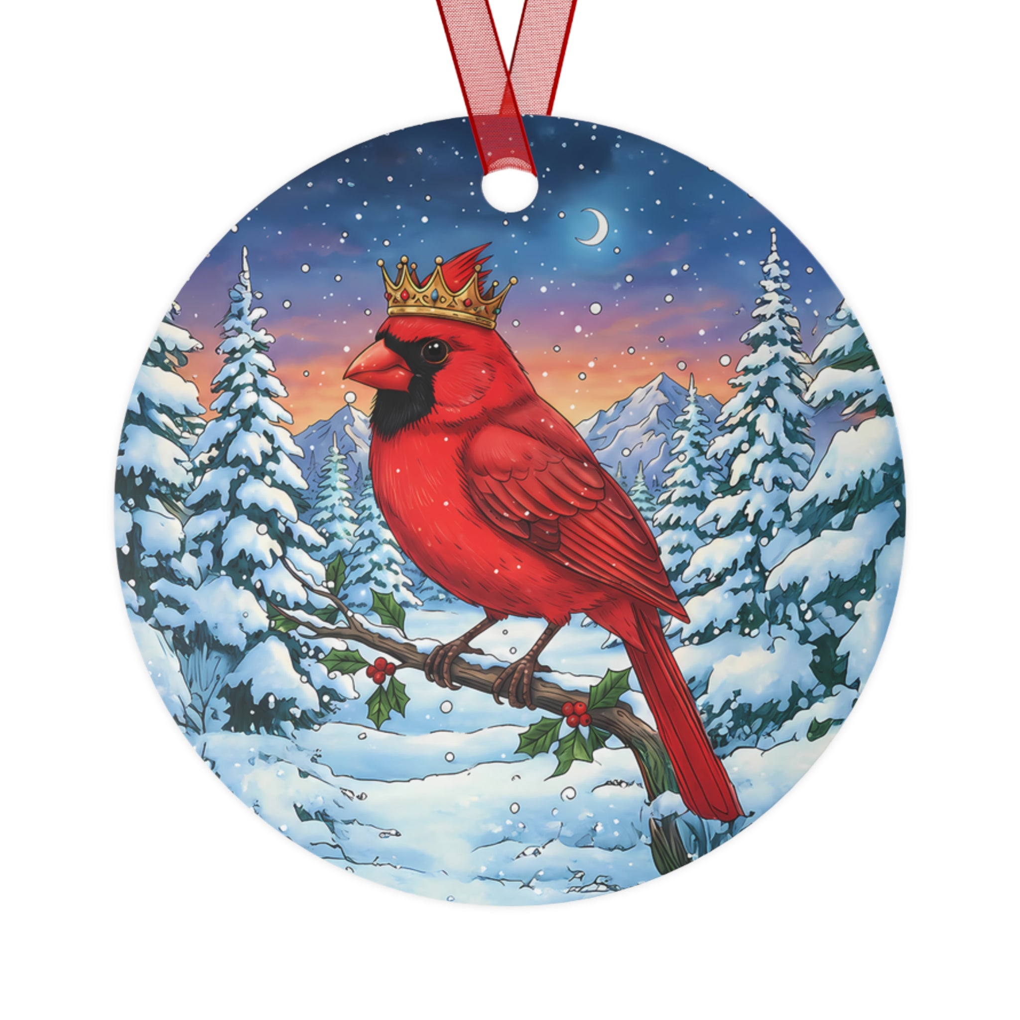 Cardinal With Jeweled Gold Crown in a Winter Wonderland Scene, Hanging Metal Christmas Tree Ornament