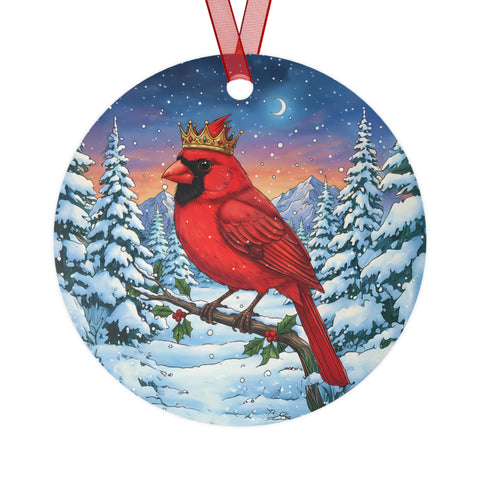 Cardinal With Jeweled Gold Crown in a Winter Wonderland Scene, Hanging Metal Christmas Tree Ornament