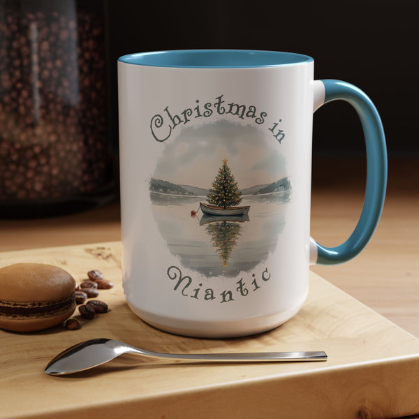 Christmas in Niantic, CT Accent Coffee Mug  - Dinghy Boat with Xmas Tree in Harbor, Local's Gift