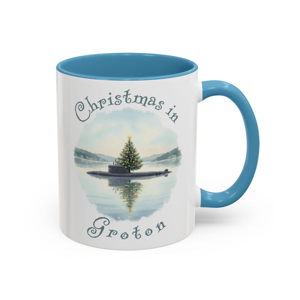 Christmas in Groton, CT Accent Coffee Mug  - Submarine with Xmas Tree in Harbor, Local's Gift