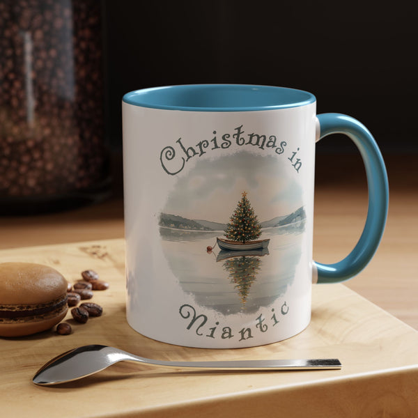 Christmas in Niantic, CT Accent Coffee Mug  - Dinghy Boat with Xmas Tree in Harbor, Local's Gift