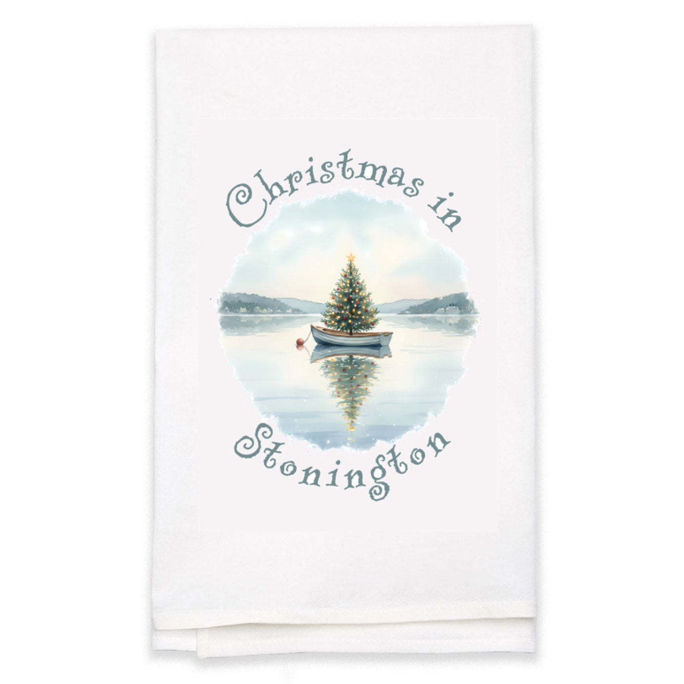 Christmas in Stonington Flour Sack Kitchen Towel, Floating Xmas Tree in Boat