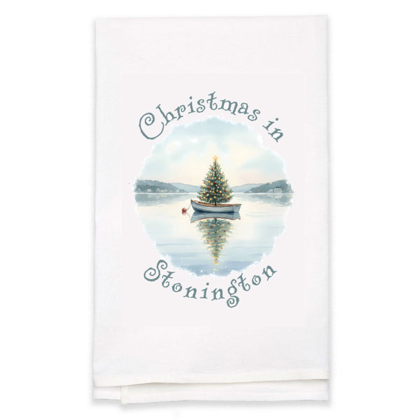 Christmas in Stonington Flour Sack Kitchen Towel, Floating Xmas Tree in Boat