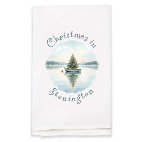 Christmas in Stonington Flour Sack Kitchen Towel, Floating Xmas Tree in Boat