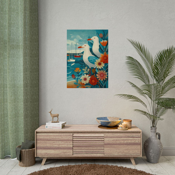 Coastal Seagull Art Print Poster, Nautical Room Decor, Beach House Wall Art, Gift for Bird Lovers, Vintage Inspired Illustration, 3 sizes
