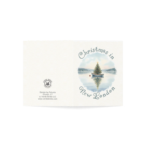 Christmas in New London Greeting Card – Dingy Boat with Xmas Tree Holiday Card (1/10/30/50 pcs) 4.25" x 5.5"