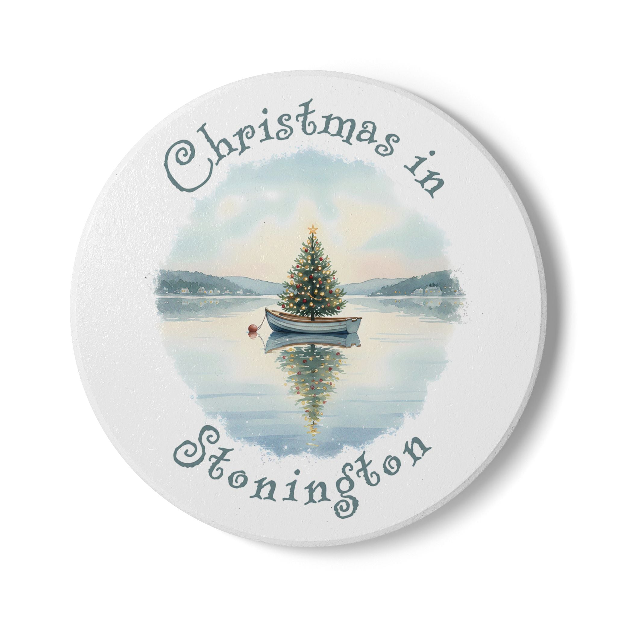 Christmas in Stonington, CT Ceramic Coaster - Dinghy Boat with Xmas Tree in Harbor, Local's Gift