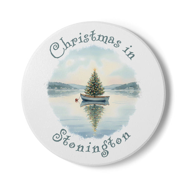 Christmas in Stonington, CT Ceramic Coaster - Dinghy Boat with Xmas Tree in Harbor, Local's Gift