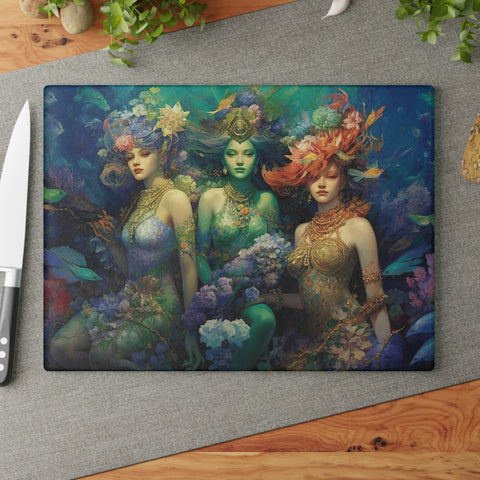 3 Dreamy Water Goddesses Mermaidcore, Fairycore Mermaid Glass Cutting Board (2 sizes)