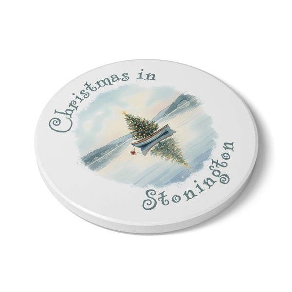 Christmas in Stonington, CT Ceramic Coaster - Dinghy Boat with Xmas Tree in Harbor, Local's Gift