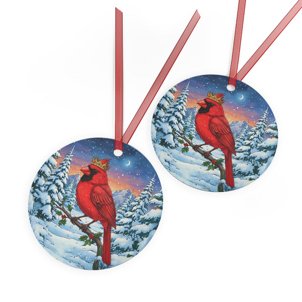 Cardinal With Jeweled Gold Crown in a Winter Wonderland Scene, Hanging Metal Christmas Tree Ornament