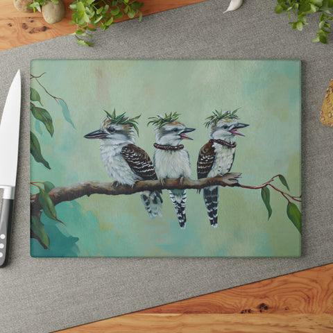 "He Ate His Mealworm Necklace Again!" Funny Kookaburra Glass Cutting Board