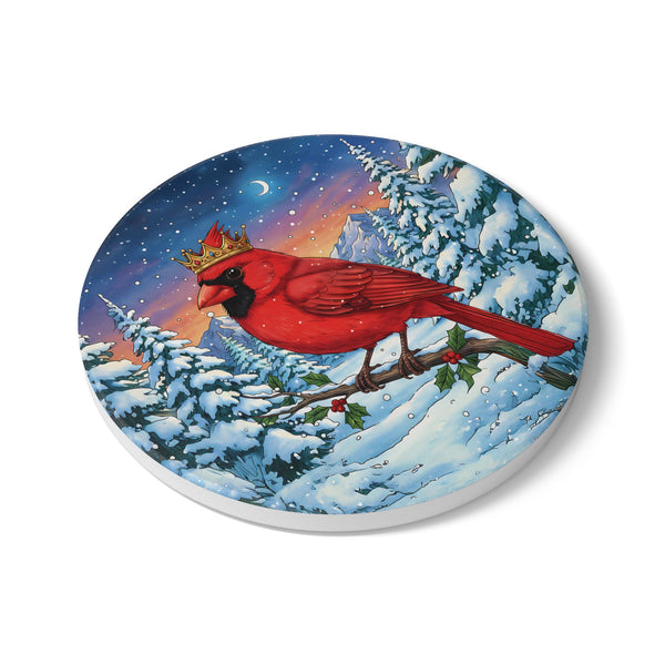 Cardinal with Crown Ceramic Coaster, Holiday Home Decor, Farmhouse Kitchen, Birds With Hats Lover Christmas Gift