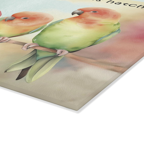 Lovebird Parents and Baby Watching Mango Hatching on a Branch - Funny Tempered Glass Cutting Boards (2 sizes)