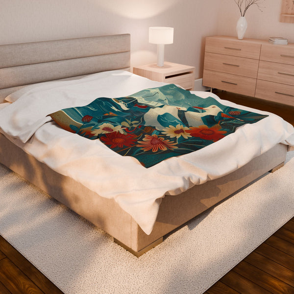 Plush Throw Blanket - Seagull Vintage Folk Art Illustration, Coastal Living Decor, Soft, Lightweight