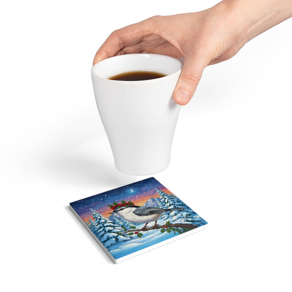 Nuthatch with Holly Berry with Crown Ceramic Coaster, Holiday Home Decor, Farmhouse Kitchen, Birds With Hats Lover Christmas Gift