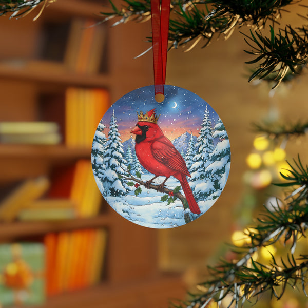 Cardinal With Jeweled Gold Crown in a Winter Wonderland Scene, Hanging Metal Christmas Tree Ornament