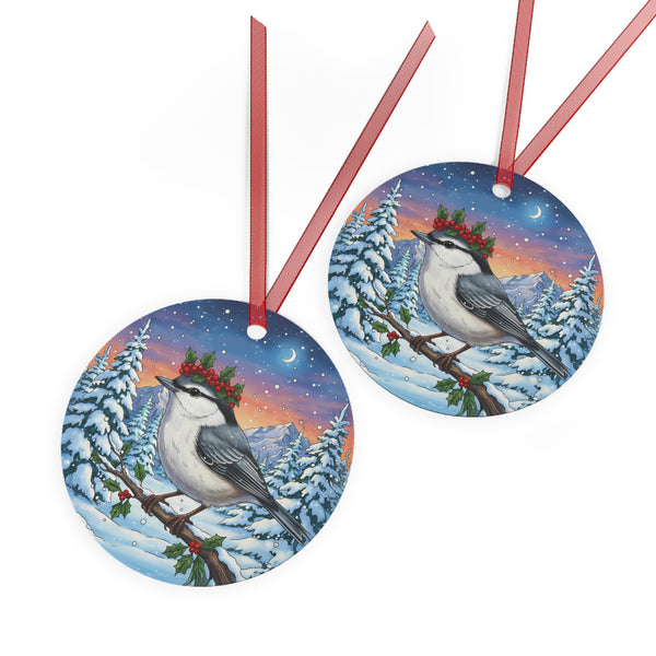 Nuthatch with Holly Berry Crown in a Winter Wonderland Scene Hanging Metal Christmas Tree Ornament