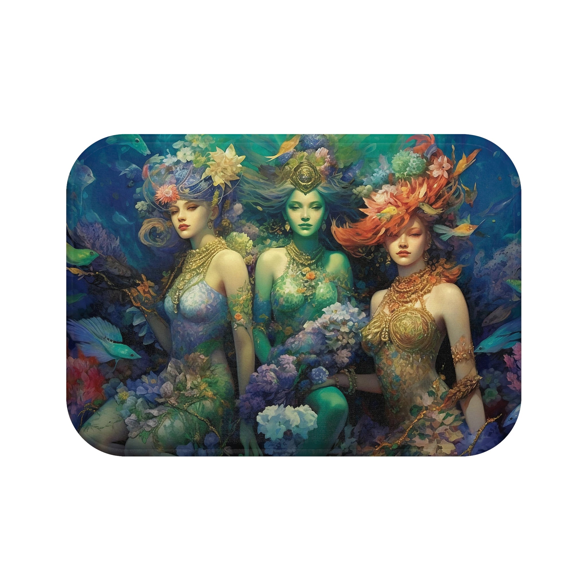 3 Dreamy Water Goddesses Mermaid Design on a 24x16" Bath or Bedside Mat