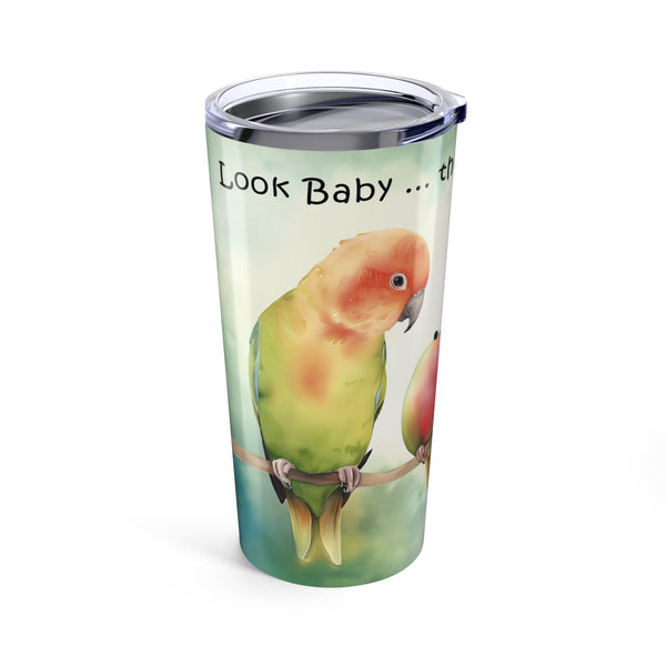 Lovebird Tumbler, Colorful Parrot Parents and Baby Watching Mango Hatching on a Branch Travel Mug 20oz - Perfect for Bird Lovers