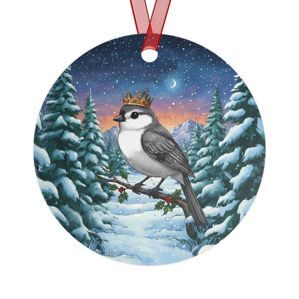 Titmouse with Jeweled Gold Crown in a Winter Wonderland Scene Hanging Metal Christmas Tree Ornament