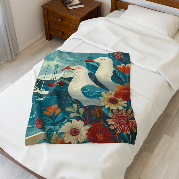 Plush Throw Blanket - Seagull Vintage Folk Art Illustration, Coastal Living Decor, Soft, Lightweight