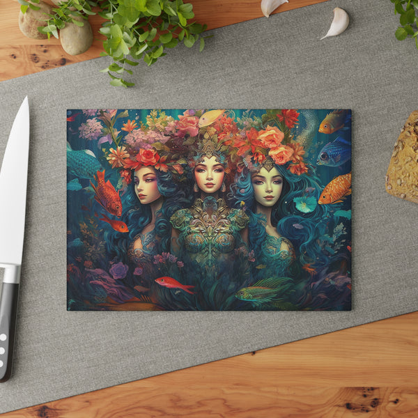 Trio of Water Goddesses Mermaidcore, Fairycore Mermaid Glass Cutting Board (2 sizes)