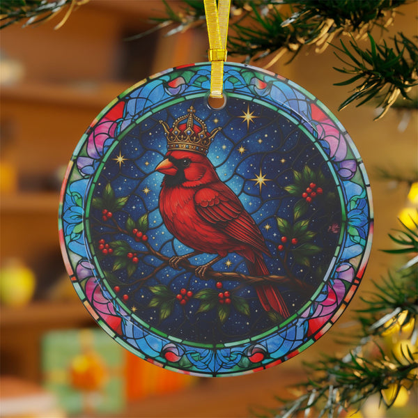 Christmas Cardinal Glass Ornament, Stained Glass Look, Christmas Tree Decoration, Red Cardinal with Gold Crown