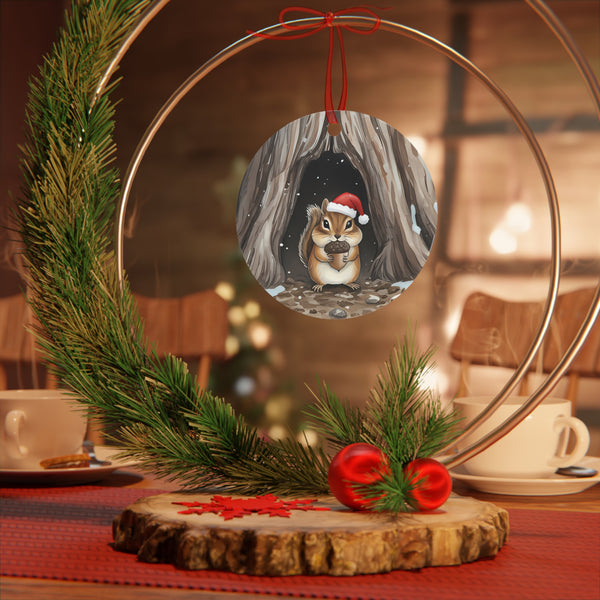 Christmas Chipmunk with a Red Holiday Hat in a Winter Tree Stump, Hanging Metal Tree Ornament