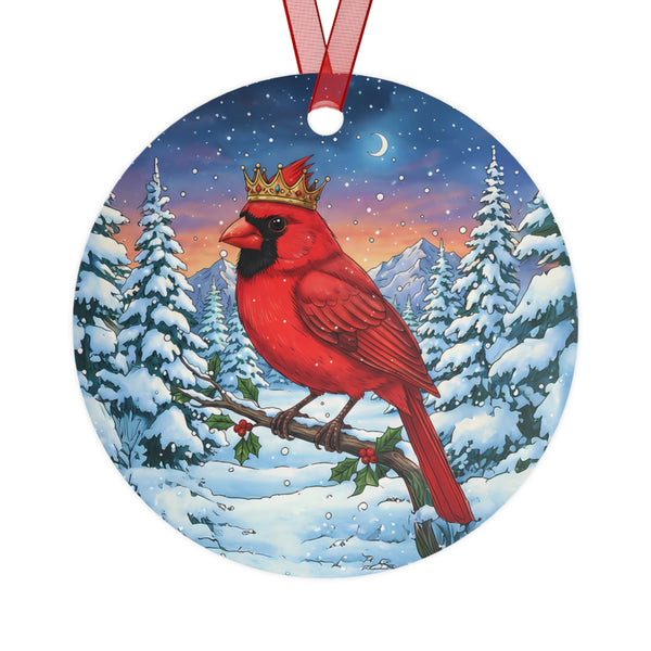 Cardinal With Jeweled Gold Crown in a Winter Wonderland Scene, Hanging Metal Christmas Tree Ornament