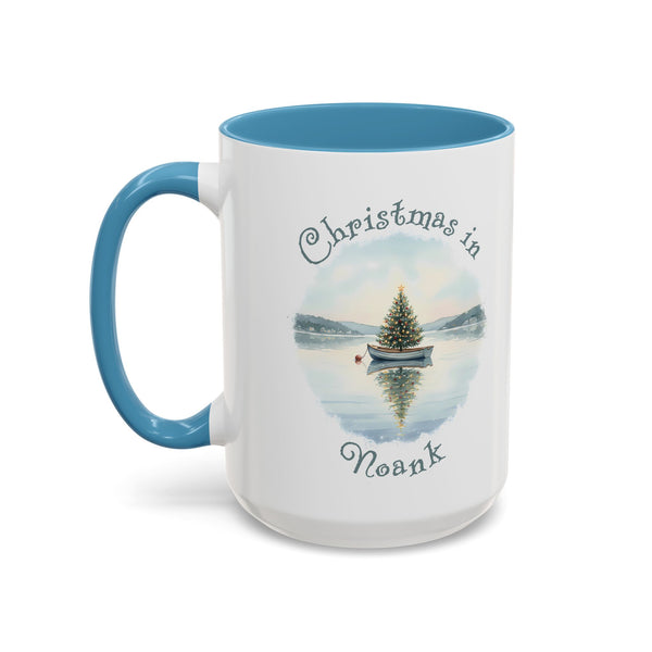 Christmas in Noank, CT Accent Coffee Mug  - Dinghy Boat with Xmas Tree in Harbor, Local's Gift