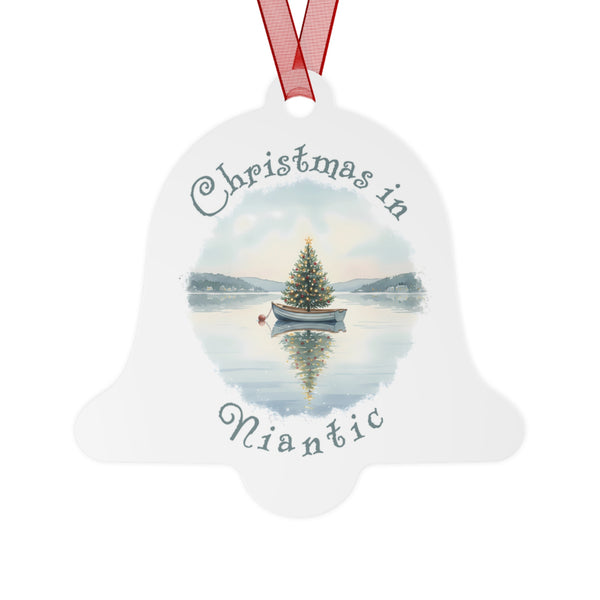 Christmas in Niantic, CT Metal Ornament  - Dinghy Boat with Xmas Tree in Harbor, Local's Keepsake Gift