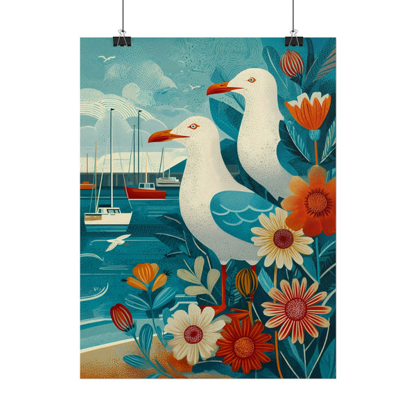 Coastal Seagull Art Print Poster, Nautical Room Decor, Beach House Wall Art, Gift for Bird Lovers, Vintage Inspired Illustration, 3 sizes