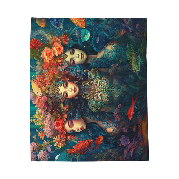 Trio of Water Goddesses, Mermaid, Sea Witch Design on Velveteen Plush Blanket 50x60"