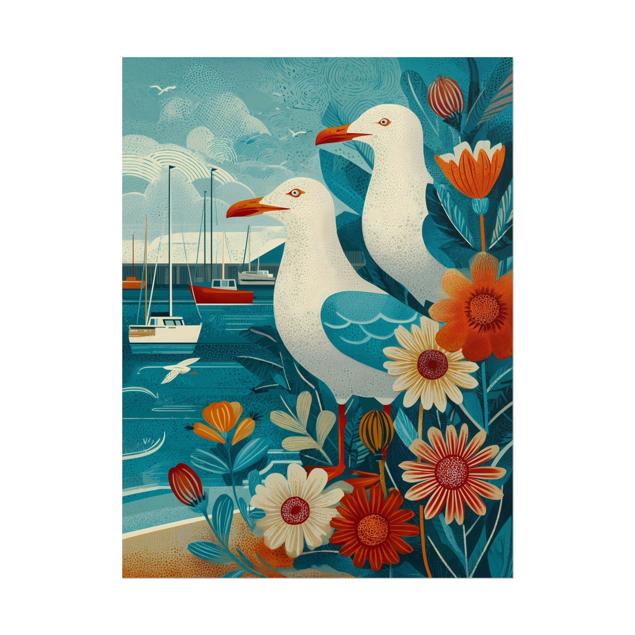 Coastal Seagull Art Print Poster, Nautical Room Decor, Beach House Wall Art, Gift for Bird Lovers, Vintage Inspired Illustration, 3 sizes