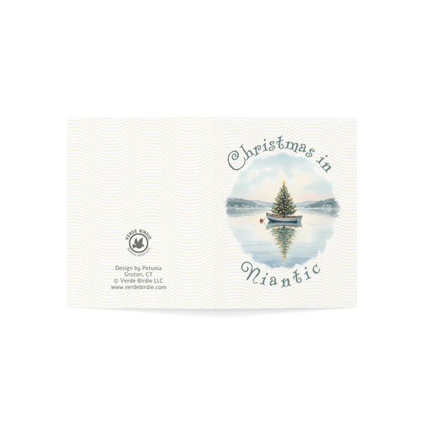 Christmas in Niantic Greeting Card – Dingy Boat with Xmas Tree Holiday Card (1/10/30/50 pcs) 4.25" x 5.5"